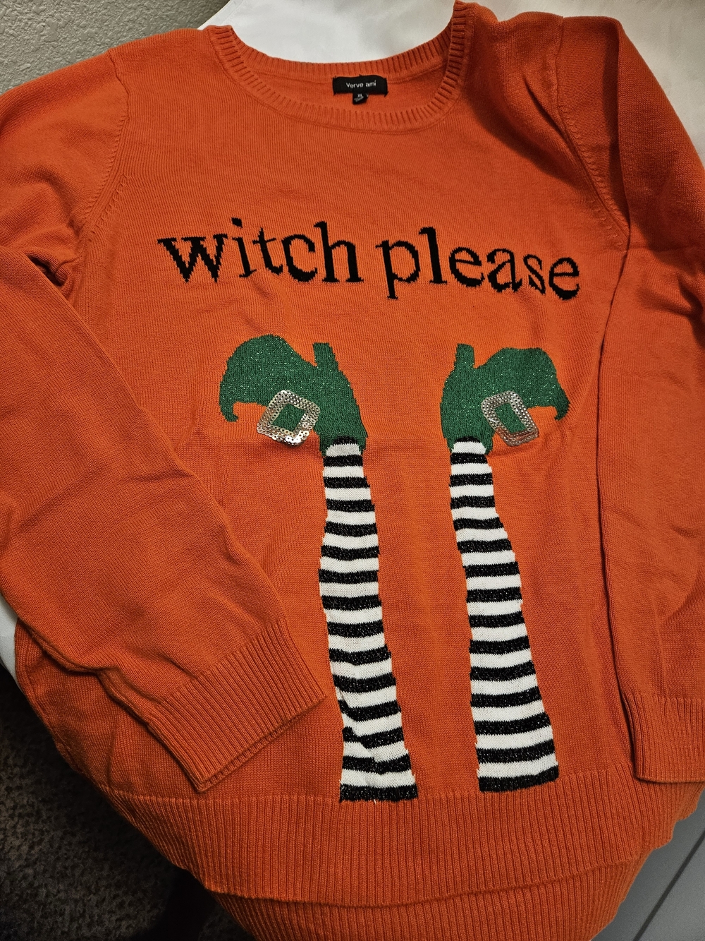 Verve Ami Orange Sweater with Green Witch Motif